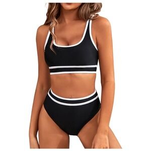 BMJL Womens Sporty High Waisted Bikini Set Black White Contrast Piping Size L